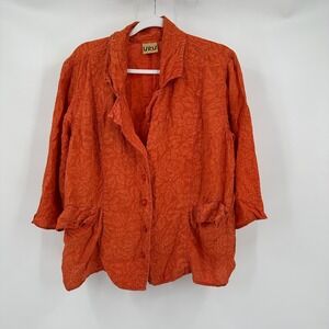 URU Womens Art to Wear Silk Jacket Top Size 1X Lagenlook Textured Floral Burnt